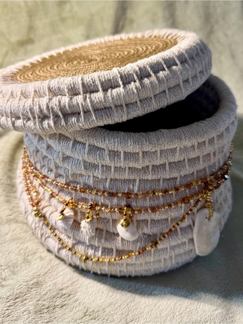 Handmade Art Coiled Basket  with Lid and embellishments of beading and shells
